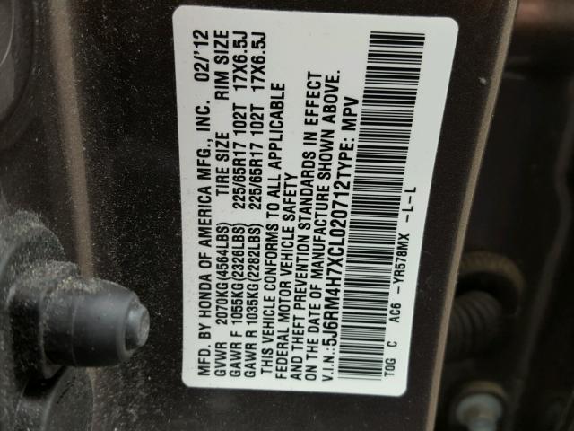 5J6RM4H7XCL020712 - 2012 HONDA CR-V EXL 棕色 照片 10