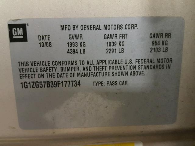 1G1ZG57B39F177734 - 2009 CHEVROLET MALIBU LS TAN photo 10