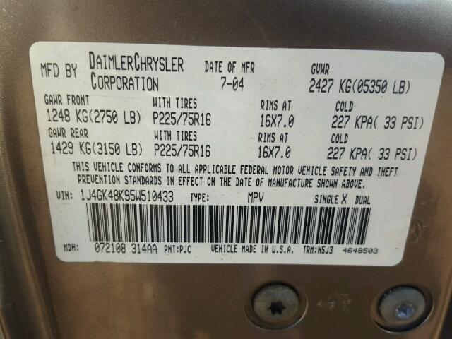 1J4GK48K95W510433 - 2005 JEEP LIBERTY SP GOLD photo 10