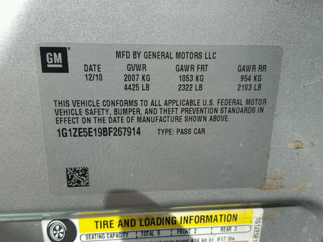 1G1ZE5E19BF267914 - 2011 CHEVROLET MALIBU LTZ 银色 照片 10