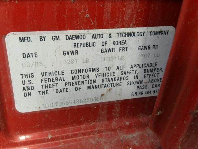 KL1TD66648B259565 - 2008 CHEVROLET AVEO BASE Қызыл фото 10