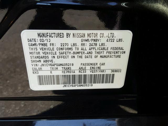 JN1CV6AP0AM405219 - 2010 INFINITI G37 BASE BLACK photo 10