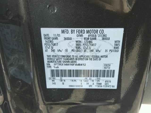 1FTRX14W16FA48412 - 2006 FORD F150 GRAY photo 10