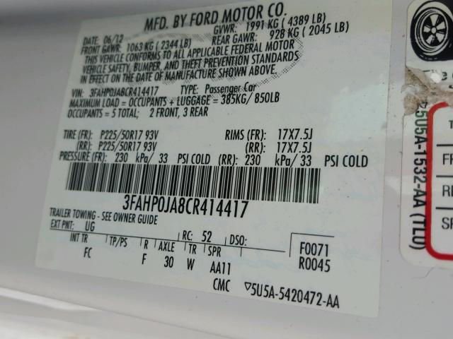 3FAHP0JA8CR414417 - 2012 FORD FUSION SEL WHITE photo 10