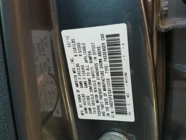 1HGCP2F87CA110206 - 2012 HONDA ACCORD EXL GRAY photo 10