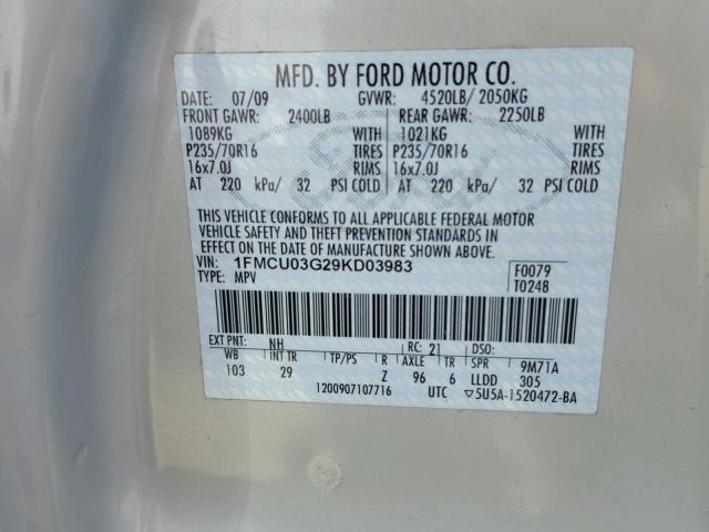 1FMCU03G29KD03983 - 2009 FORD ESCAPE XLT TAN photo 10