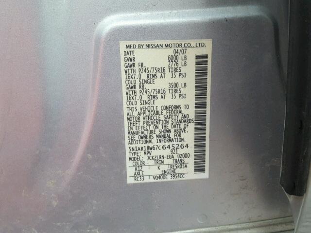 5N1AR18W67C645264 - 2007 NISSAN PATHFINDER SILVER photo 10