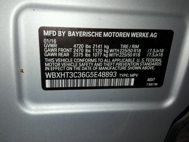 WBXHT3C36G5E48893 - 2016 BMW X1 XDRIVE2 SILVER photo 10