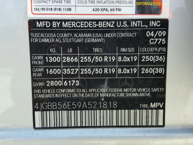 4JGBB56E59A521818 - 2009 MERCEDES-BENZ ML 350 SILVER photo 10