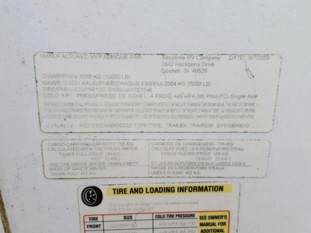 4YDT31024AB630232 - 2010 KEYSTONE OUTBACK WHITE photo 10