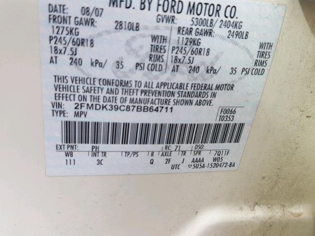 2FMDK39C87BB64711 - 2007 FORD EDGE SEL P WHITE photo 10