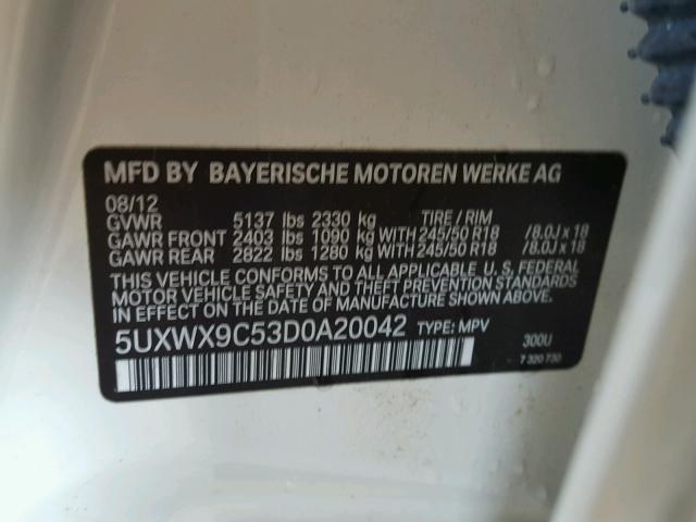 5UXWX9C53D0A20042 - 2013 BMW X3 XDRIVE2 WHITE photo 10