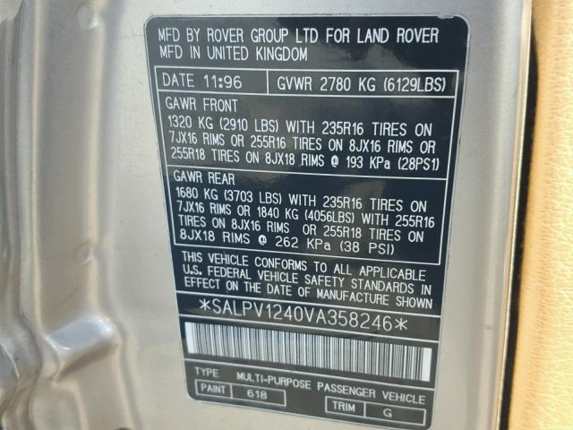 SALPV1240VA358246 - 1997 LAND ROVER RANGE ROVE BEIGE photo 10