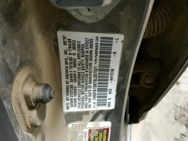 1HGFA15878L007521 - 2008 HONDA CIVIC EX GRAY photo 10