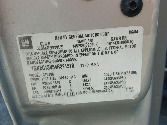 1GKEC13V54R321578 - 2004 GMC YUKON SILVER photo 10