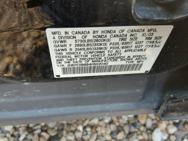 2HNYD18694H502040 - 2004 ACURA MDX TOURIN BLACK photo 10