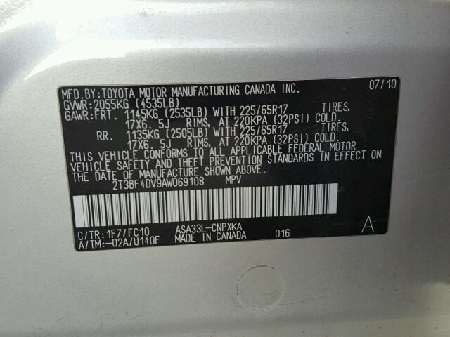 2T3BF4DV9AW069108 - 2010 TOYOTA RAV4 银色 照片 10