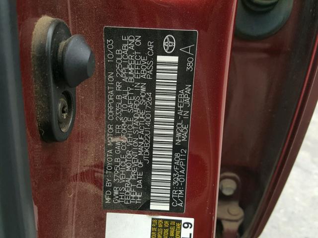 JTDKB22U140017264 - 2004 TOYOTA PRIUS BURGUNDY photo 10