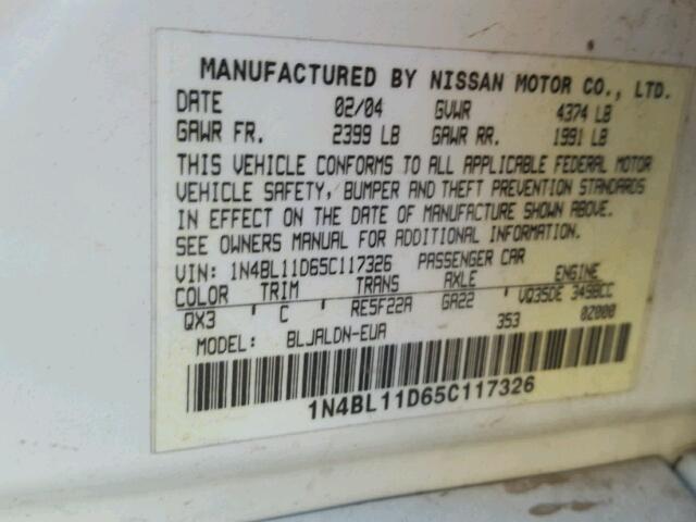 1N4BL11D65C117326 - 2005 NISSAN ALTIMA SE WHITE photo 10