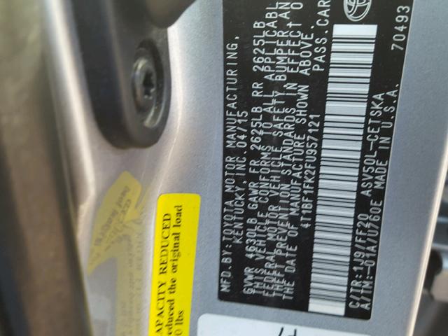 4T1BF1FK2FU957121 - 2015 TOYOTA CAMRY LE ვერცხლისფერი ფოტო 10