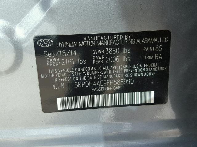 5NPDH4AE9FH588990 - 2015 HYUNDAI ELANTRA SE GRAY photo 10