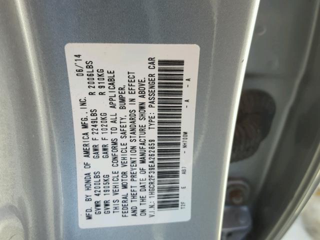 1HGCR2F39EA262859 - 2014 HONDA ACCORD LX SILVER photo 10