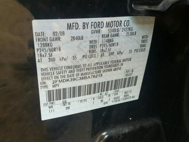 2FMDK39C38BA76215 - 2008 FORD EDGE LIMIT BLACK photo 10