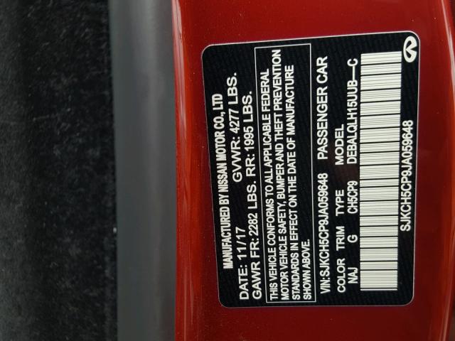 SJKCH5CP9JA059648 - 2018 INFINITI QX30 BASE RED photo 10