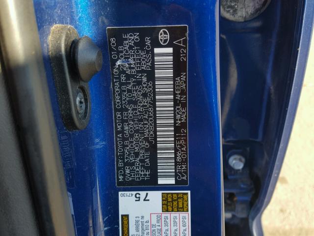 JTDKB20U687752306 - 2008 TOYOTA PRIUS BLUE photo 10