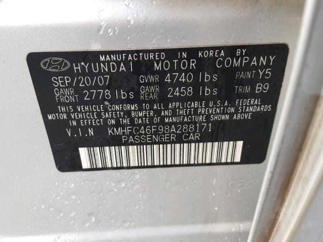 KMHFC46F98A288171 - 2008 HYUNDAI AZERA SE SILVER photo 10