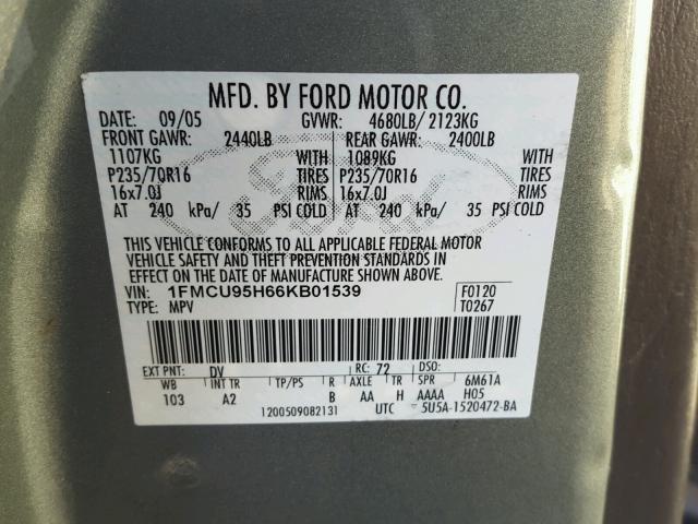 1FMCU95H66KB01539 - 2006 FORD ESCAPE HEV GREEN photo 10