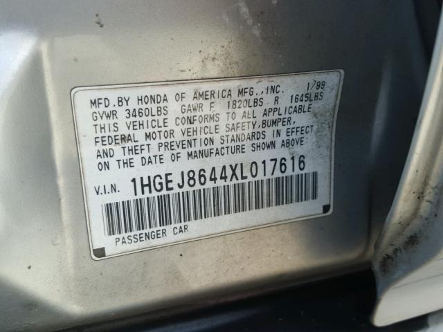 1HGEJ8644XL017616 - 1999 HONDA CIVIC EX ვერცხლისფერი ფოტო 10