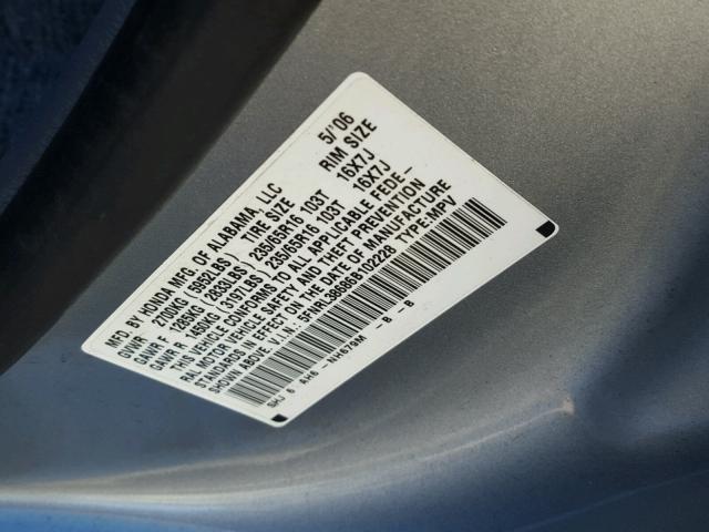 5FNRL38686B102228 - 2006 HONDA ODYSSEY EX SILVER photo 10