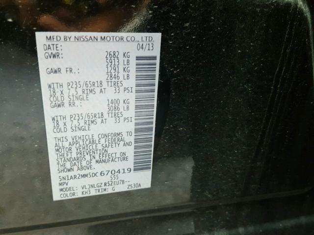 5N1AR2MM5DC670419 - 2013 NISSAN PATHFINDER BLACK photo 10