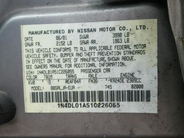 1N4DL01A51C226055 - 2001 NISSAN ALTIMA GXE TAN photo 10