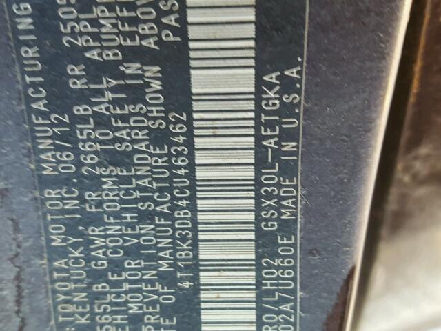 4T1BK3DB4CU463462 - 2012 TOYOTA AVALON BAS MAROON photo 10