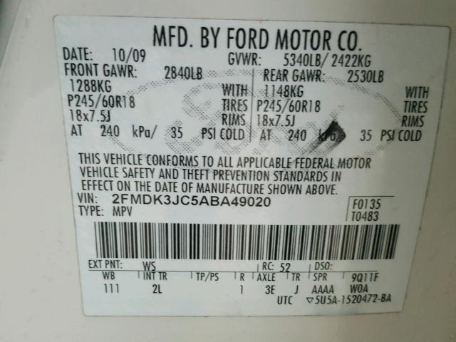 2FMDK3JC5ABA49020 - 2010 FORD EDGE SEL WHITE photo 10