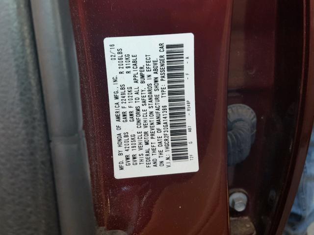 1HGCR2F30GA141396 - 2016 HONDA ACCORD LX MAROON photo 10