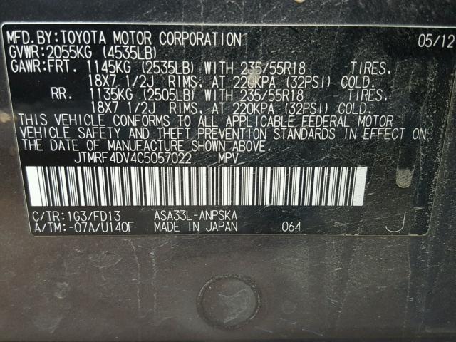 JTMRF4DV4C5057022 - 2012 TOYOTA RAV4 SPORT CHARCOAL photo 10