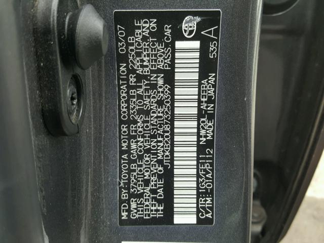 JTDKB20U873250399 - 2007 TOYOTA PRIUS GRAY photo 10