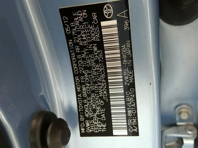 JTDKN3DP8C3017263 - 2012 TOYOTA PRIUS PLUG BLUE photo 10