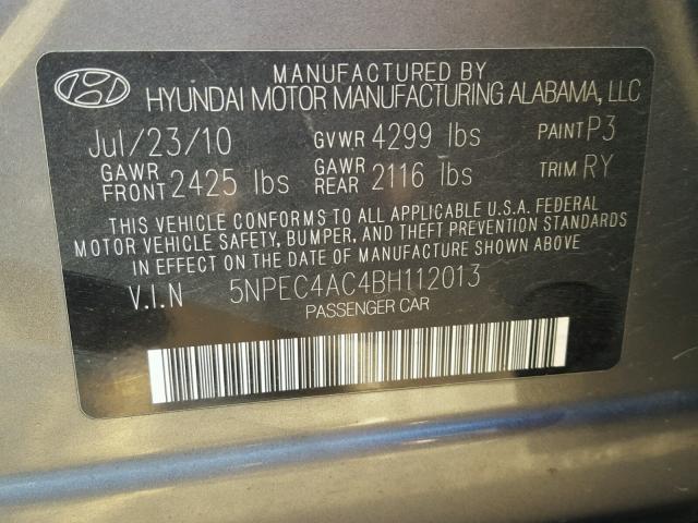 5NPEC4AC4BH112013 - 2011 HYUNDAI SONATA SE GRAY photo 10