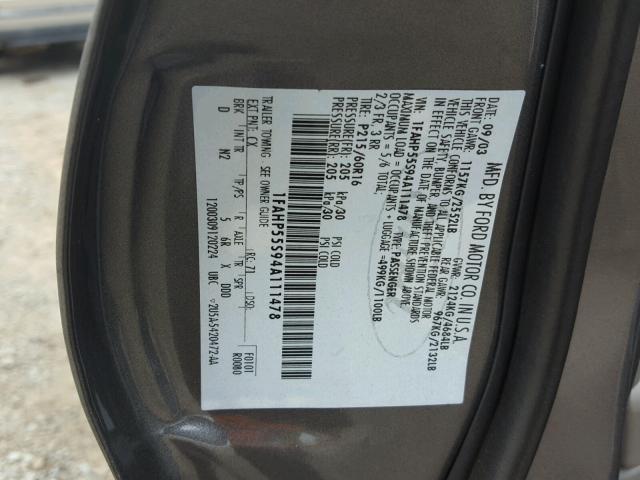 1FAHP55S94A111478 - 2004 FORD TAURUS SES GRAY photo 10