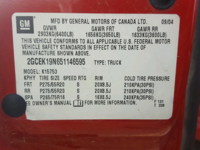 2GCEK19N651146595 - 2005 CHEVROLET SILVERADO RED photo 10