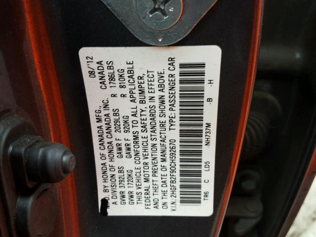 2HGFB2F90CH592670 - 2012 HONDA CIVIC EXL GRAY photo 10