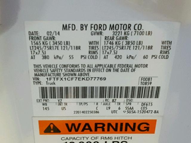 1FTFX1CF7EKD77769 - 2014 FORD F150 WHITE photo 10