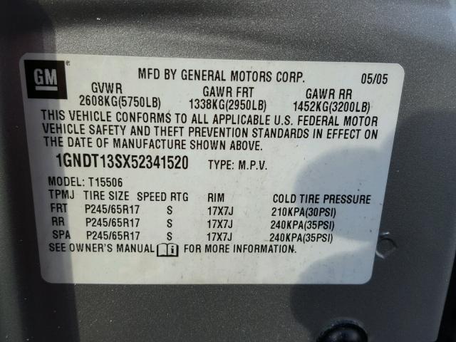 1GNDT13SX52341520 - 2005 CHEVROLET TRAILBLAZE SILVER photo 10