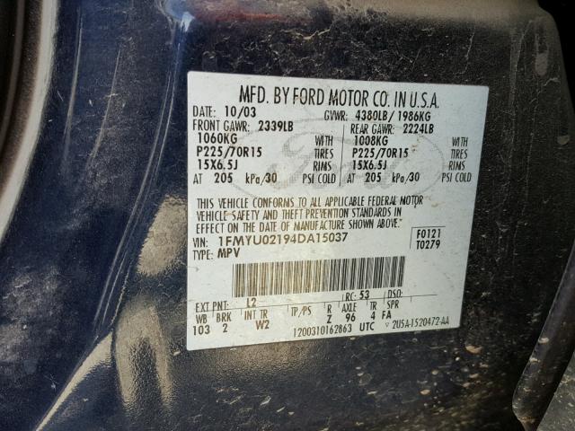 1FMYU02194DA15037 - 2004 FORD ESCAPE XLS BLUE photo 10