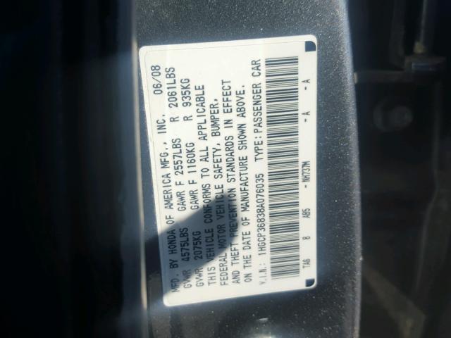 1HGCP36838A076035 - 2008 HONDA ACCORD EXL GRAY photo 10