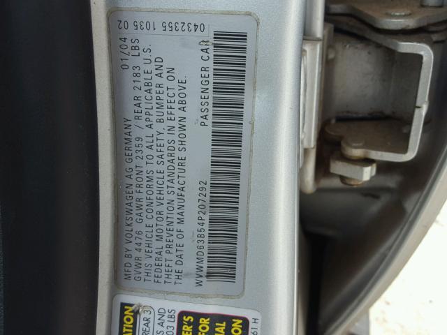 WVWMD63B54P207292 - 2004 VOLKSWAGEN PASSAT GL SILVER photo 10